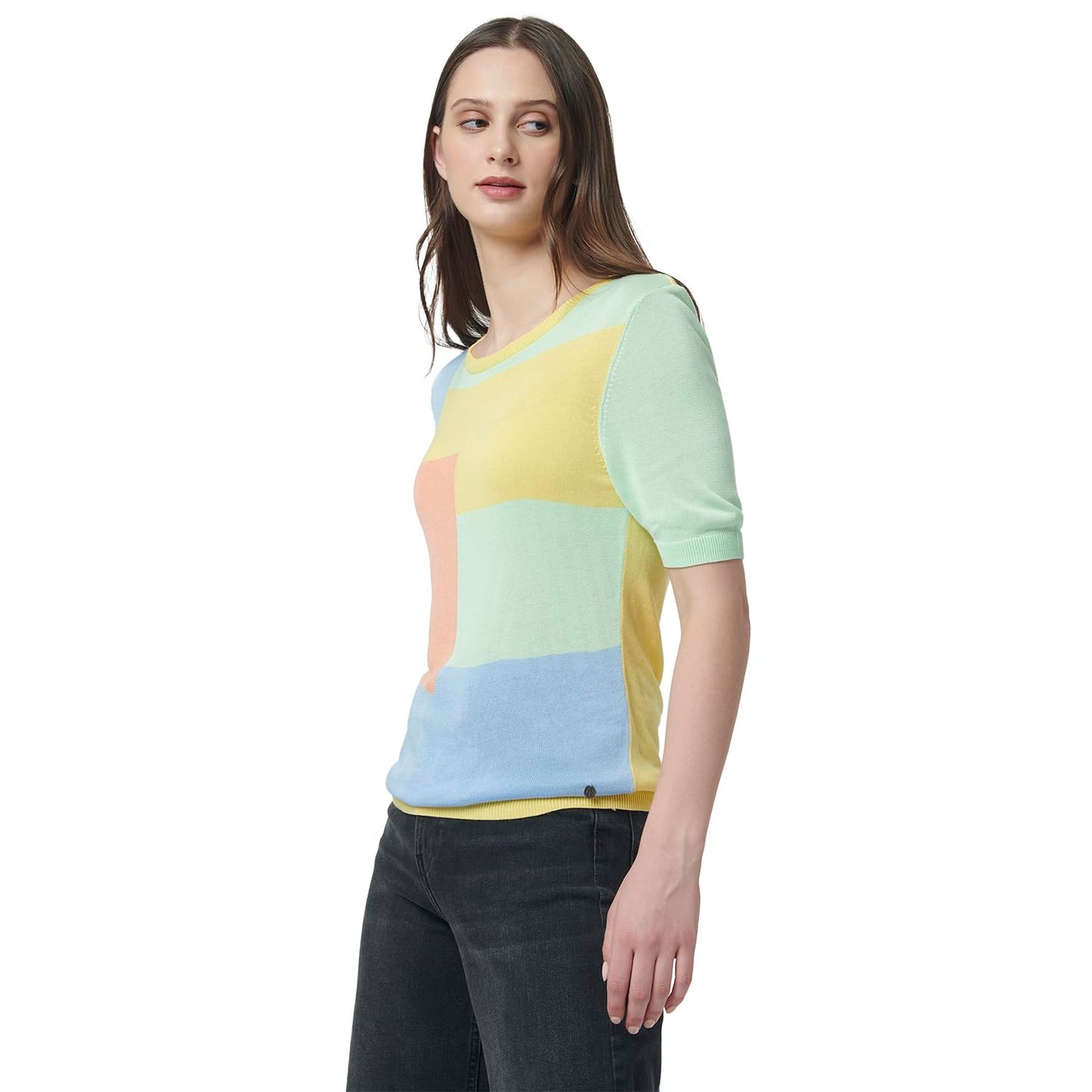 Pepe Jeans Color Block Viscose Round Neck Women's T-Shirt (Pink, Medium)