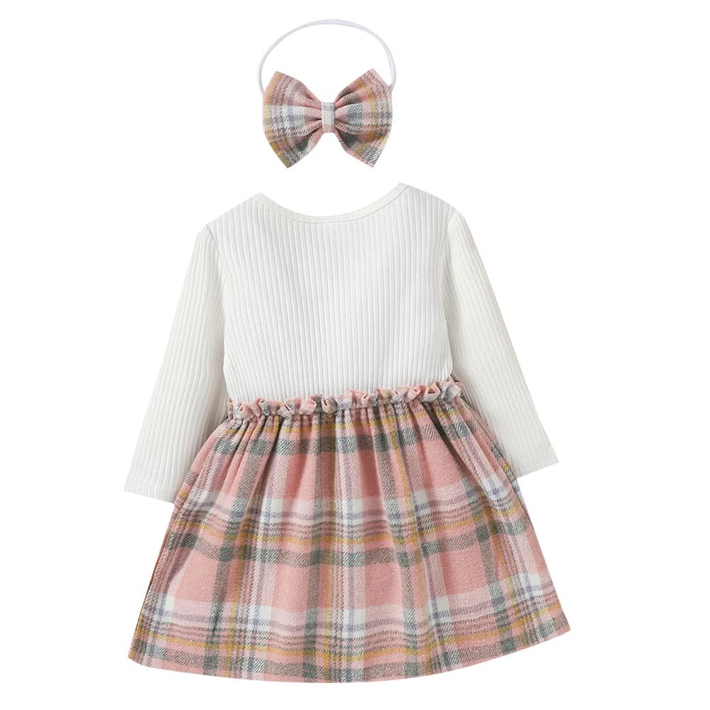 Hopscotch Girls Check Print Full-Sleeve Casual Dress with Headband In White Color for Ages 2-3 Years