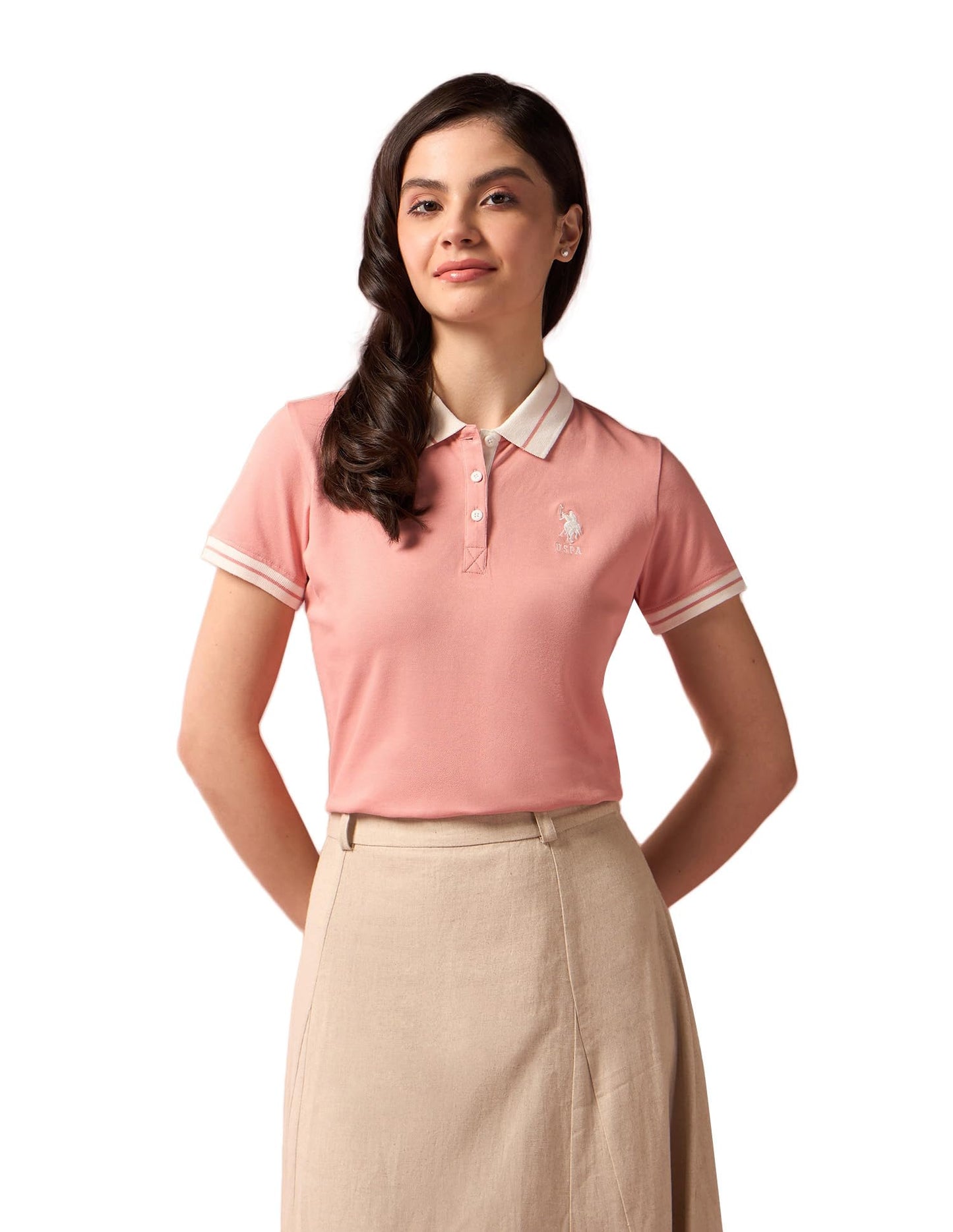 U.S. POLO ASSN. Women's Cotton Regular Fit T-Shirt (UWAW24PTS122_Peach,Large