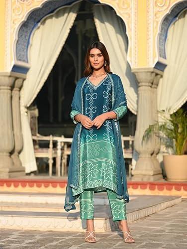 AVYUKTHA | Women Bandhani Printed Kurta Set with Trors & Dupatta | for Festive, Casual & Daily | Aqua | Size- XL