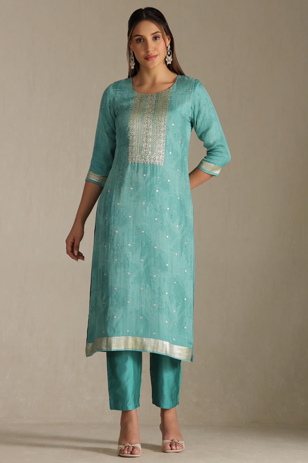 Soch Womens Organza Zari Woven Suit Set With Faux Mirror And Sequins