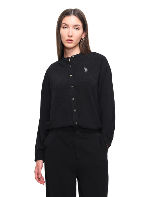 U.S. Polo Assn. Women Women's Solid Relaxed Fit Mandarin Shirt (UWSS26SHT334_Black_S)