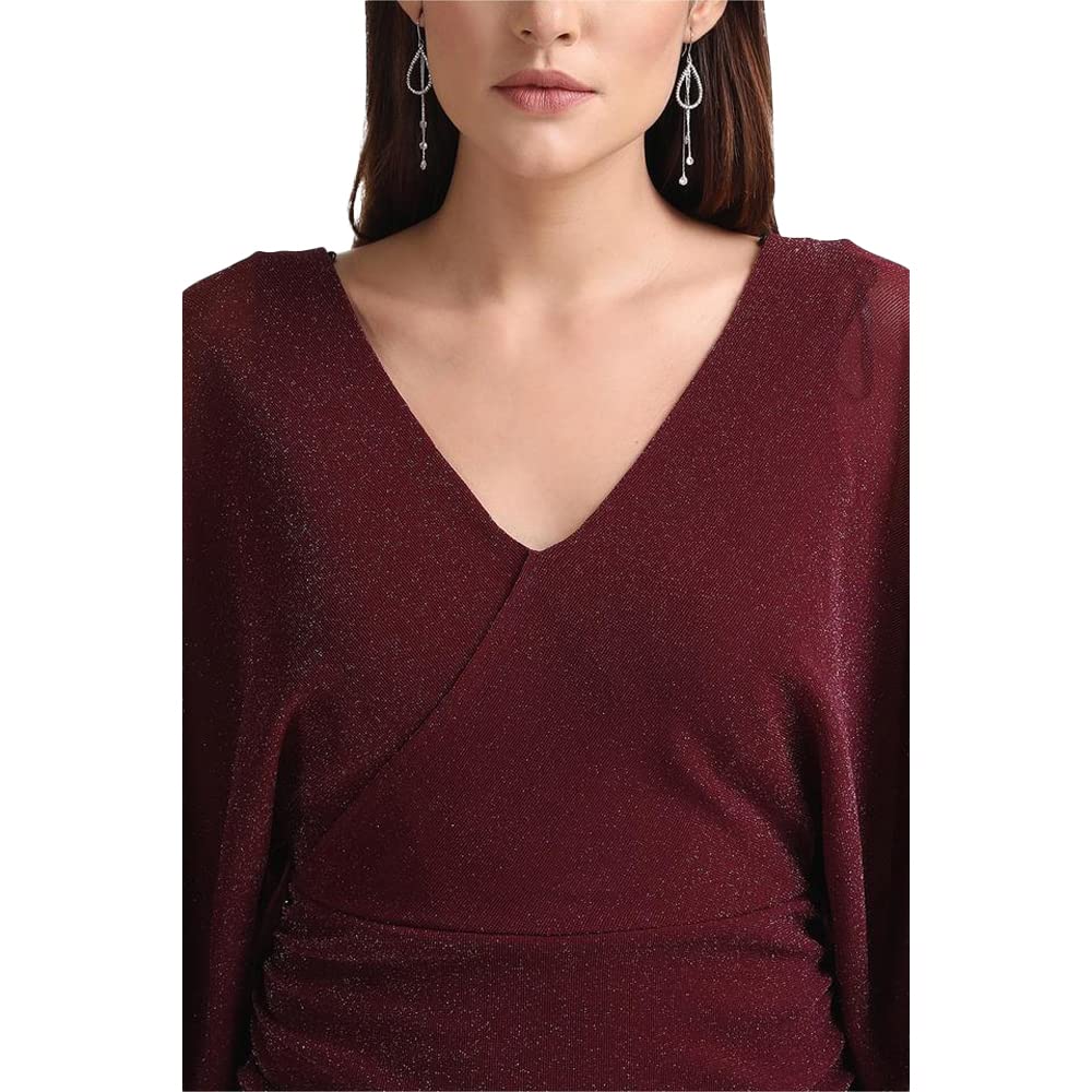 Kazo Solid Polyester Blend V Neck Women's Mini Dress (Purple,Small)