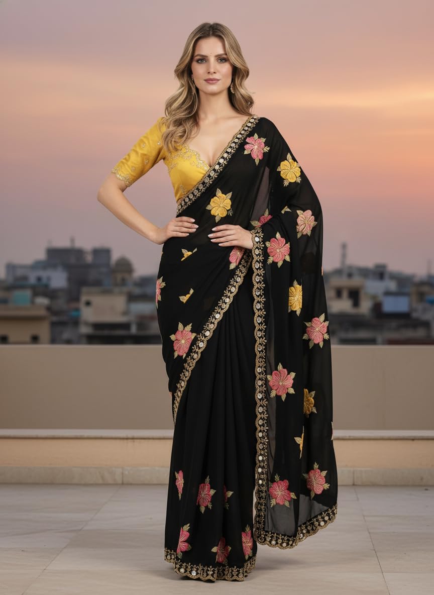 Sidhidata Women's Shining Star Georgette Embroidered Mirror Work Saree With Embroidered Unstitched Blouse Piece (Kusum Black_Black_Free Size)