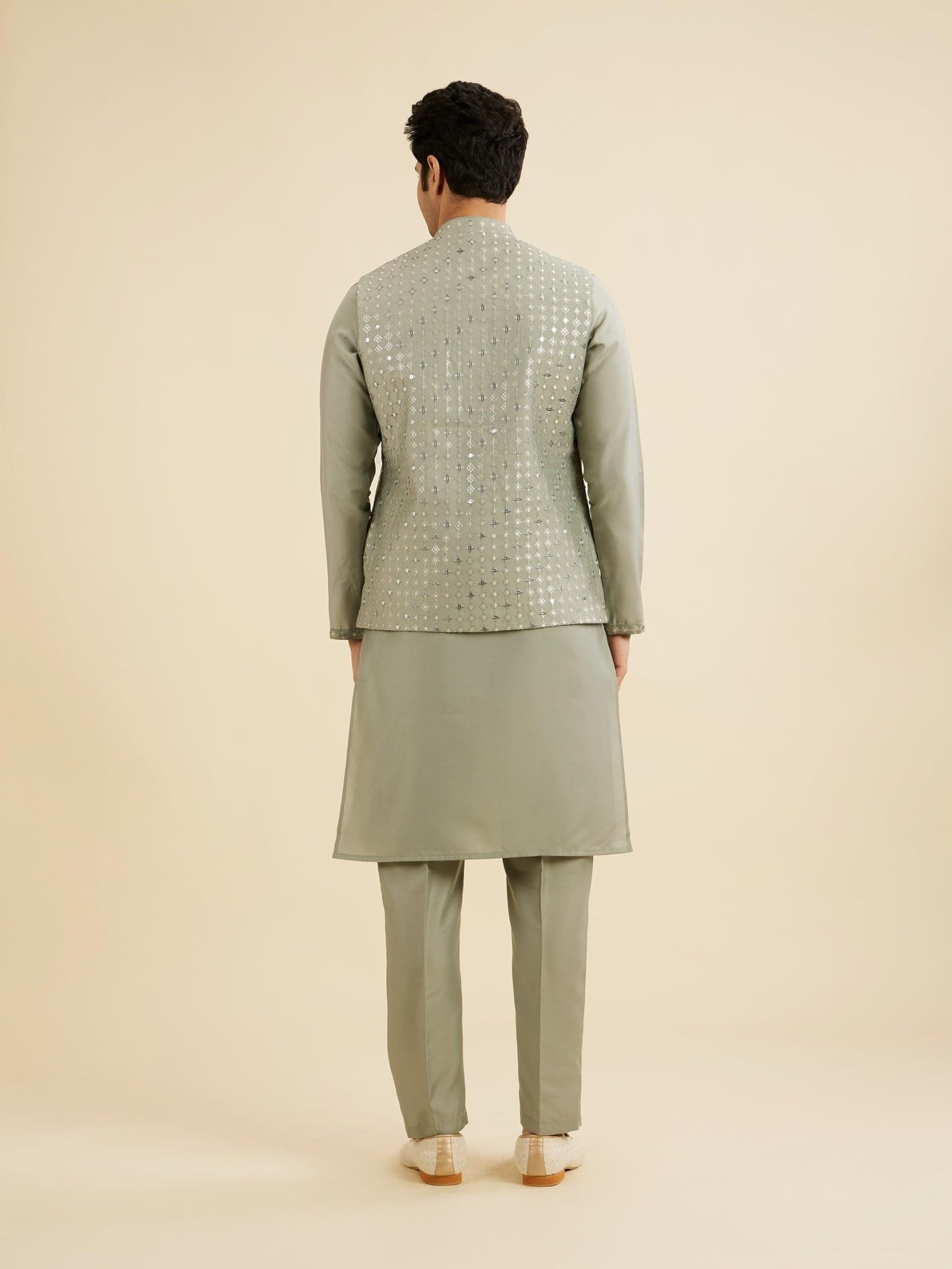 Manyavar Men's Art Silk Embroidery|Sequin Work Kurta Jacket Set (Light Mid Green,S)