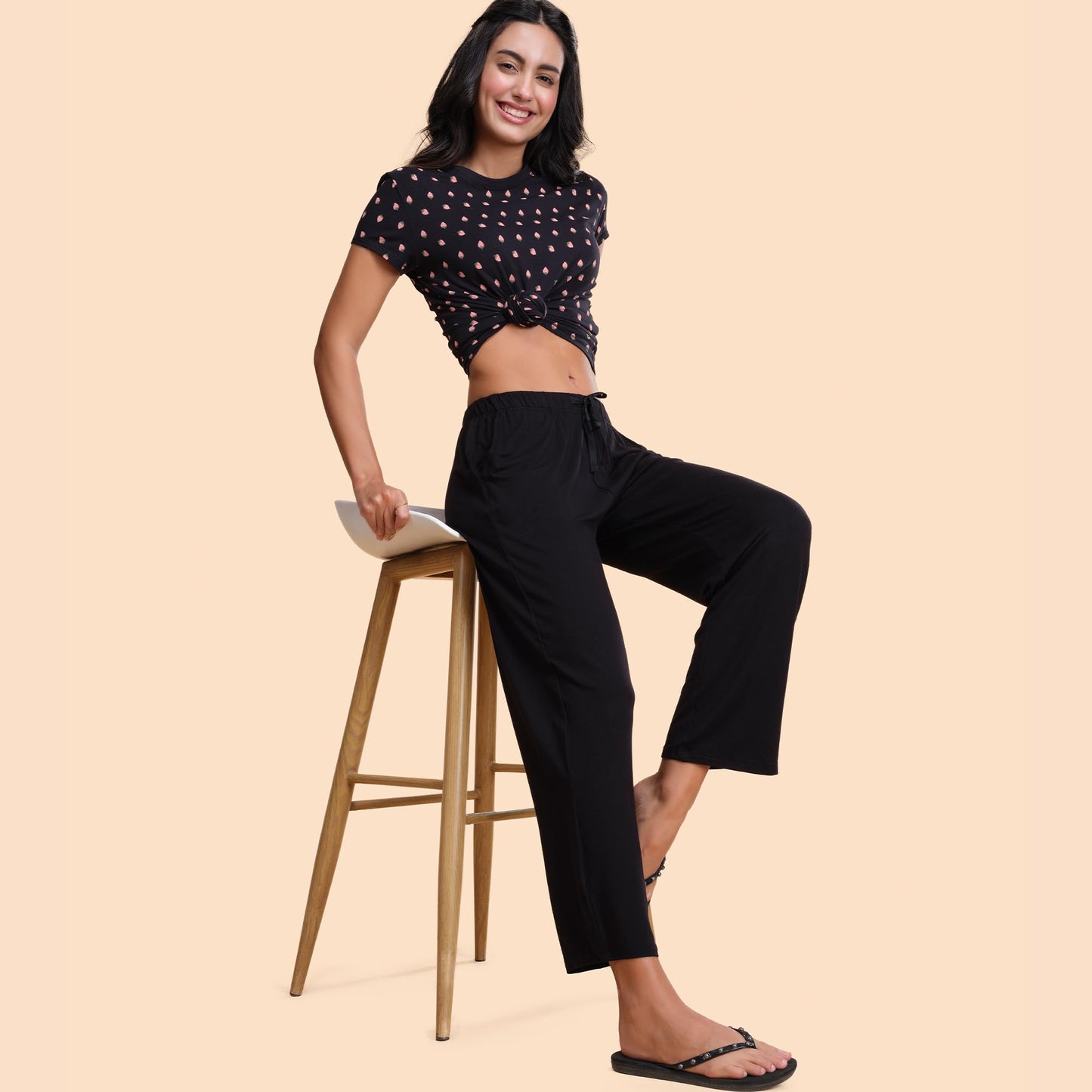Enamor E404 Mid-Rise Straight Leg Basic Home Pant for Women(E404_JETBLACK_S)