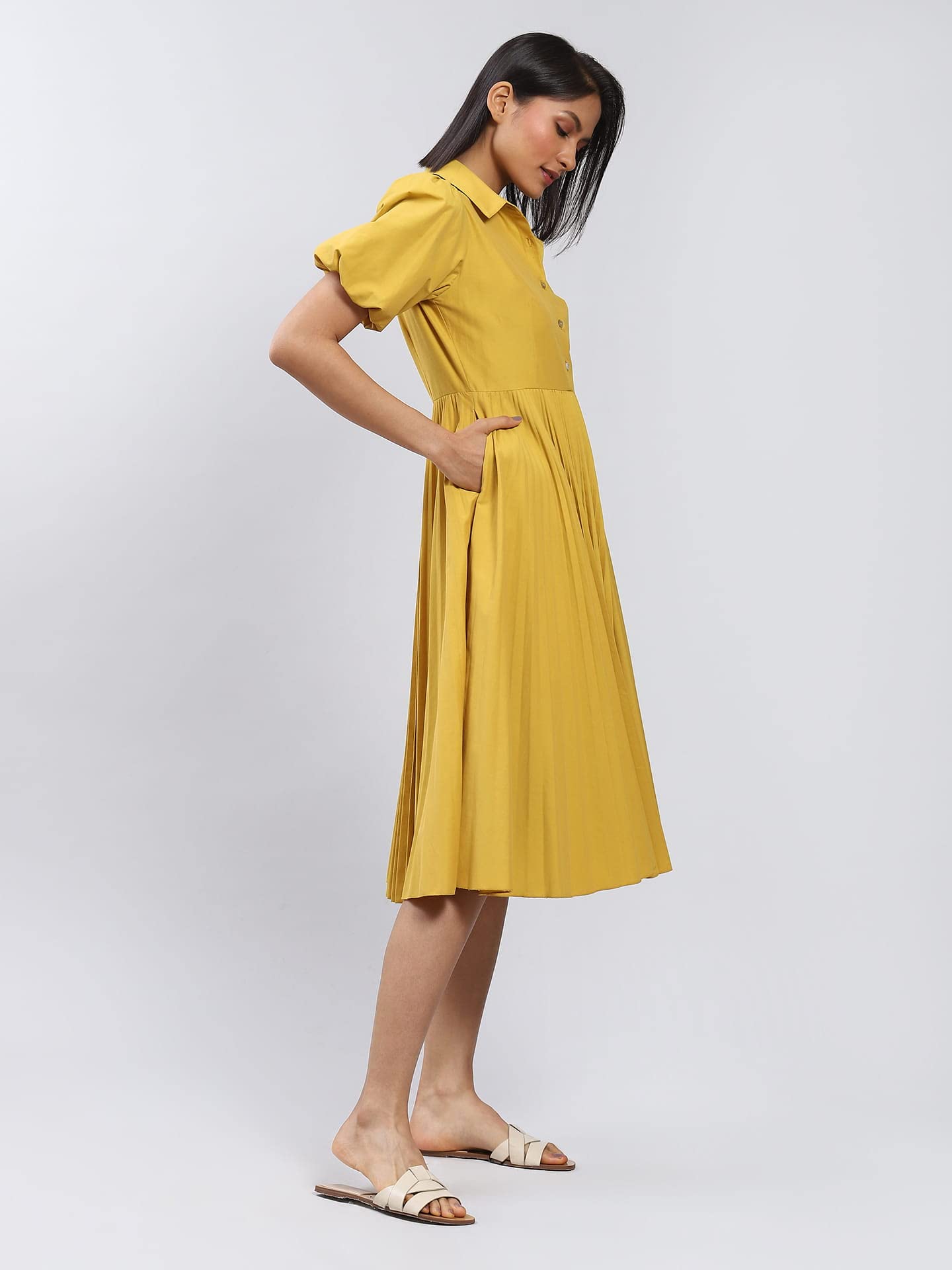 Label RITU KUMAR Mustard Button-Up Midi Dress with Pleats