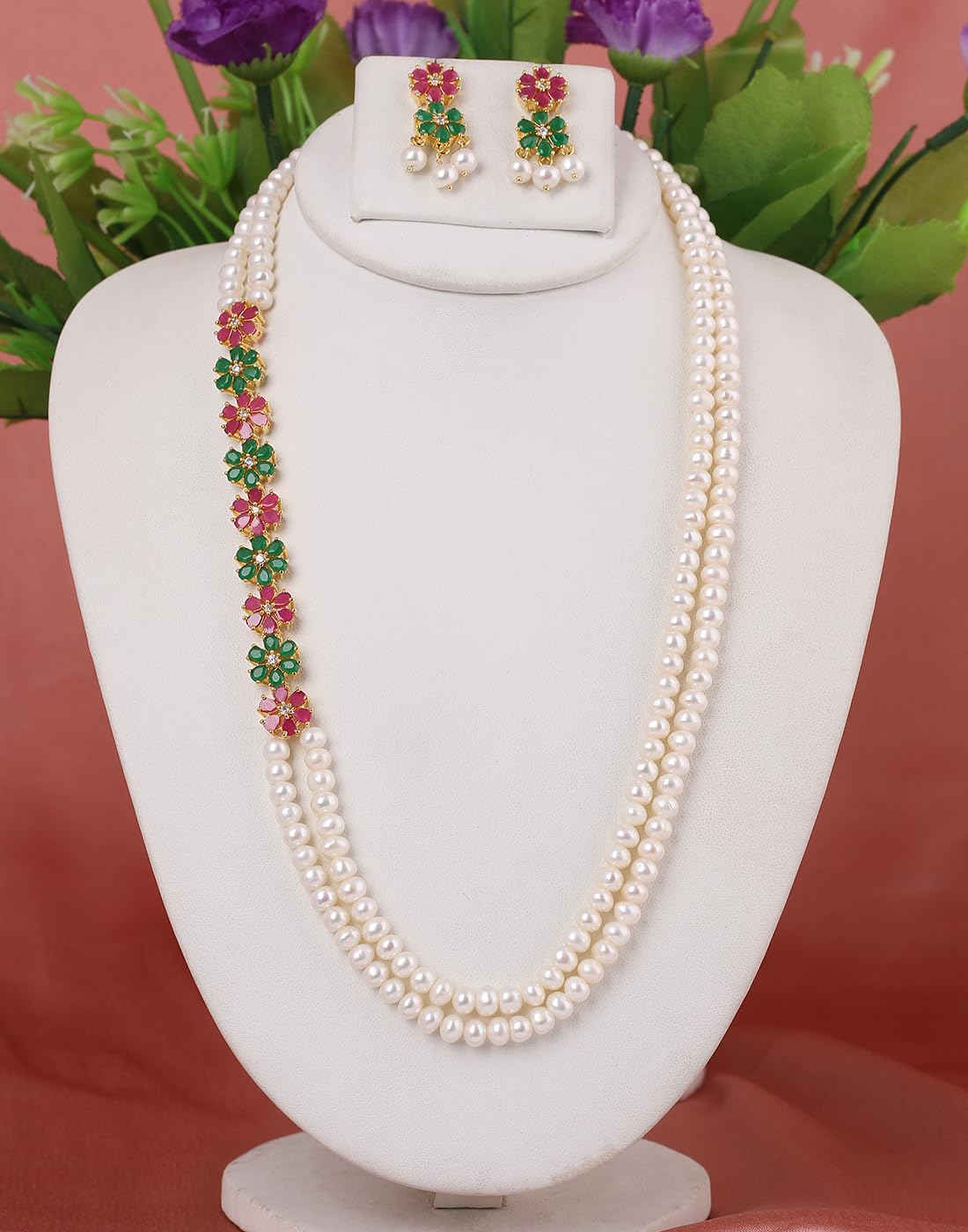 Real Natural Fresh Water Pearls Flower Necklace Set With Certificate For Women Girls (Multi)