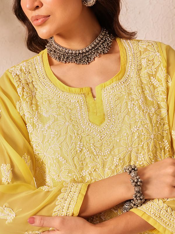 Ada Hand Embroidered Lucknowi Chikankari Georgette Short Kurti Top Tunic for Women A911494 Yellow (M)