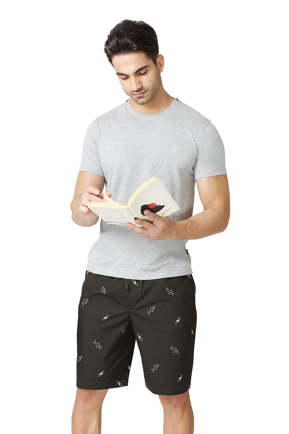 Van Heusen Men's Athleisure Soft Suede Touch Lounge Shorts - 100% Combed Cotton - Allover Print, Functional Pocket_50061_ASP-17_Medium,Black