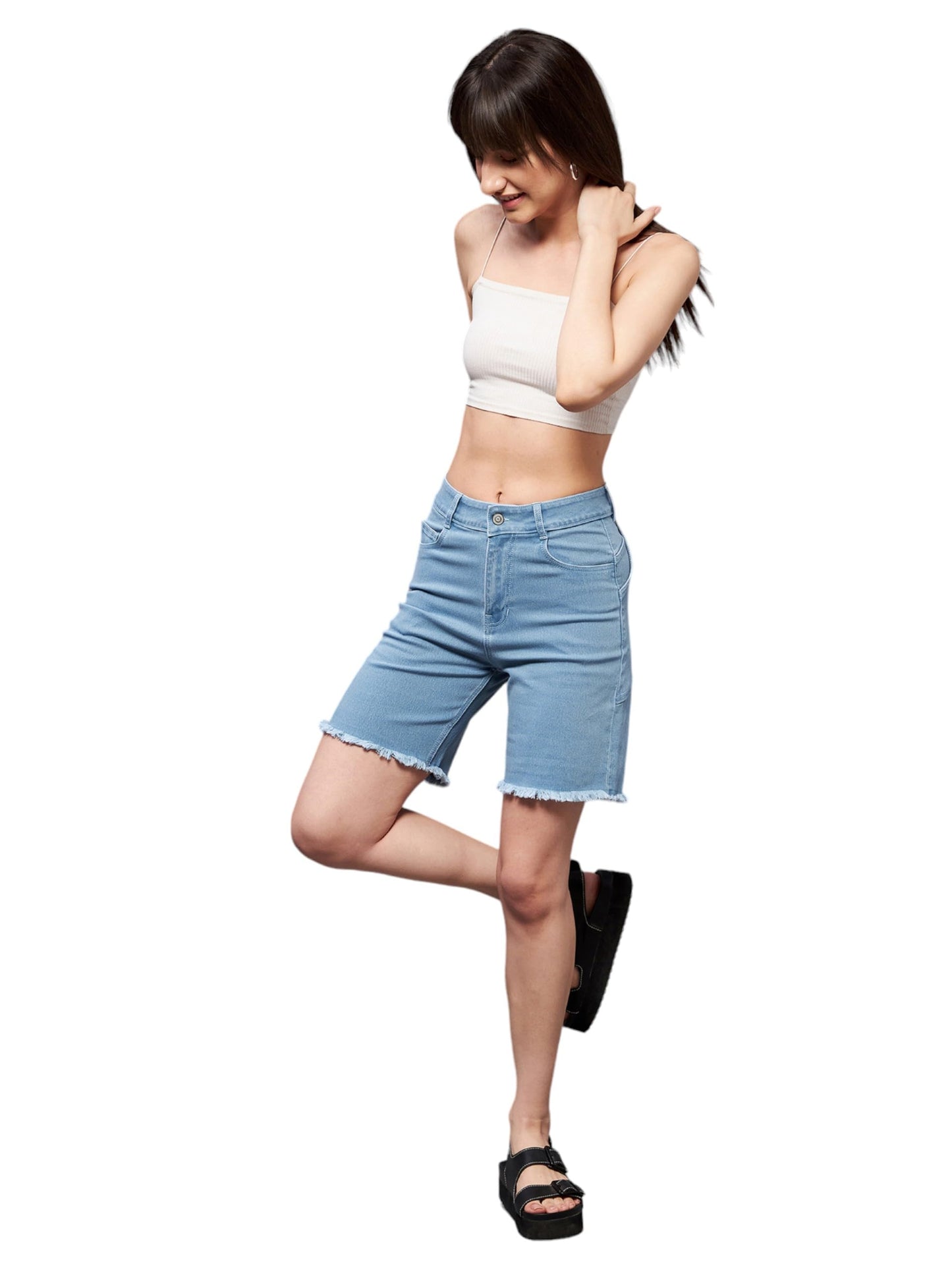 Dolce Crudo Women's Blue Regular High Rise Clean Look Above Knee Stretchable Denim Shorts (DOSS22DEN09-05-158-36, Light Blue, 36)