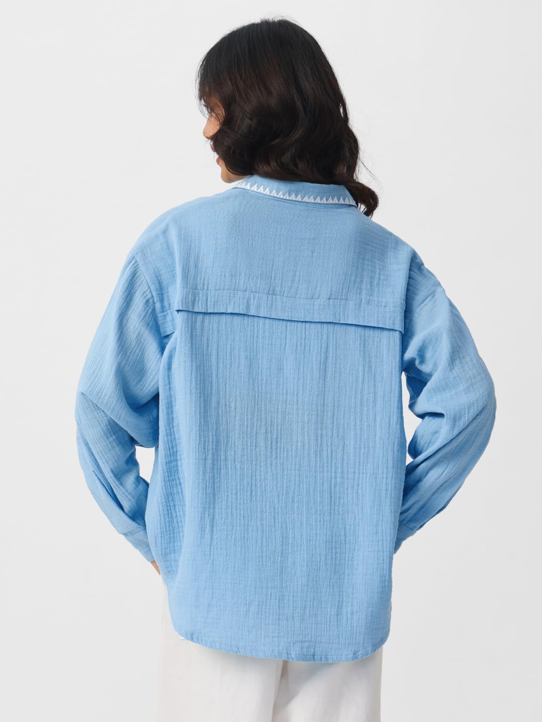 The Souled Store Textured Shirt: Sky Blue Women and Girls Long Sleeves Collared Neck Button Front Polyester Boyfriend Shirts