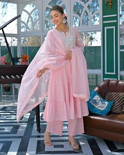 AVYUKTHA | Women Ethnic Motifs Embroidered Empire Kurta Set with Trors & Dupatta | Thread Work Fit Ethnic for Women | Pink, Size- S