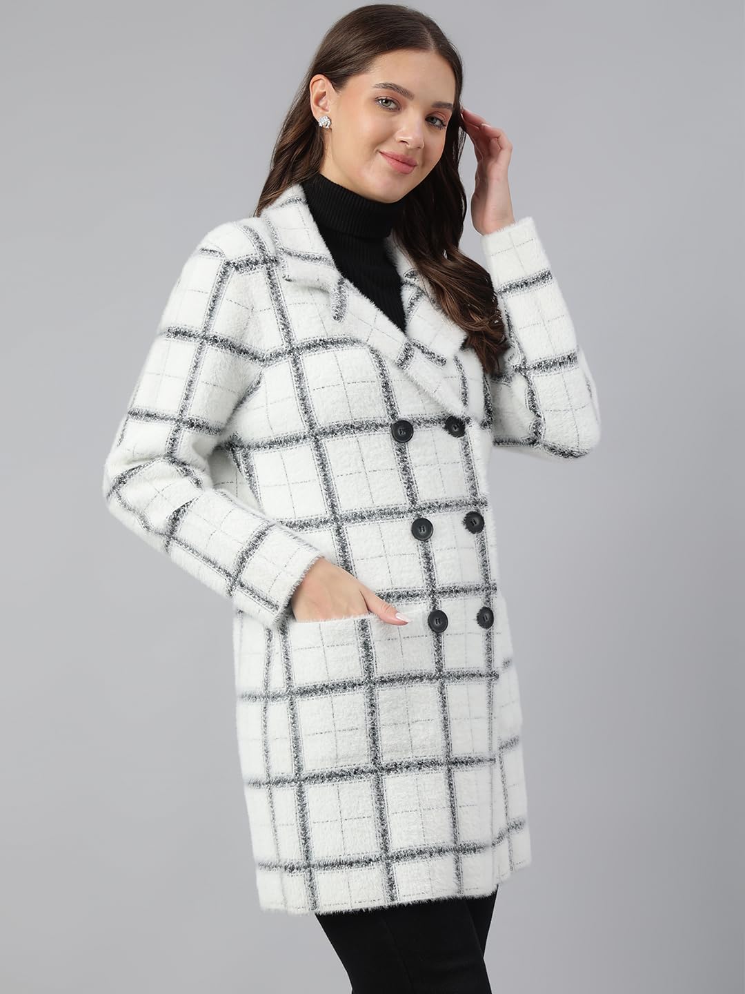 Latin Quarters Women Ivory Full Sleeve Casual Checked Coat_M