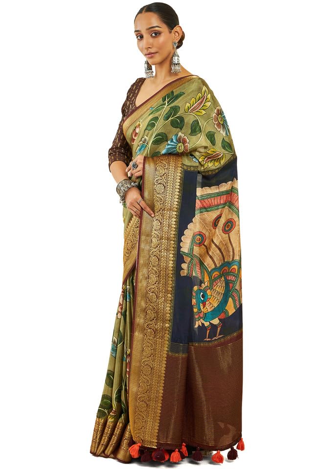 Soch Womens Olive Crepe Saree With Floral Kalamkari Print And Zari Borders