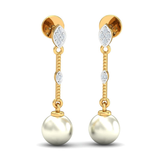 KuberBox 14KT Yellow Gold Diamond Dangling Pearl Drop Earrings for Women