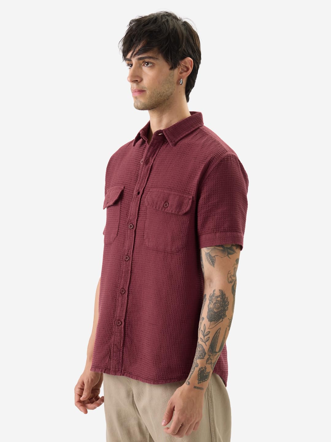 The Souled Store Solids: Burgundy Men and Boys Short Sleeve Collared Neck Button Front Cotton Relaxed Fit Shirts