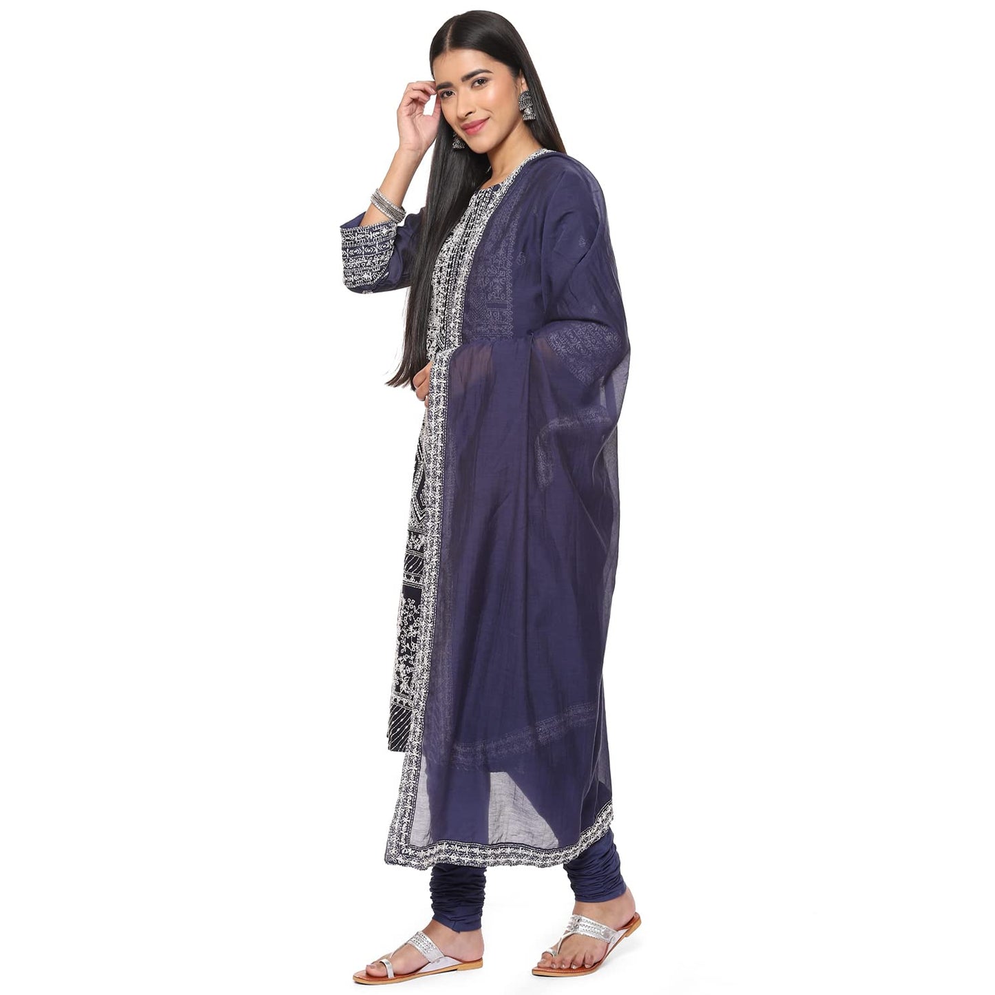 BIBA WOMEN EMBROIDERY FITTED SALWAR KURTA DUPATTA(SKDKANTHA K8160_NAVY BLUE_34)