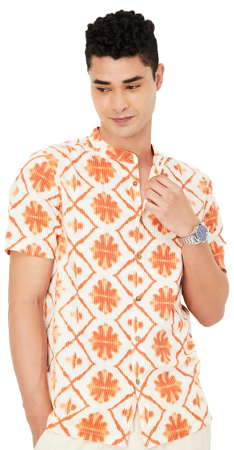 Men Printed Short Kurta, Off White, M