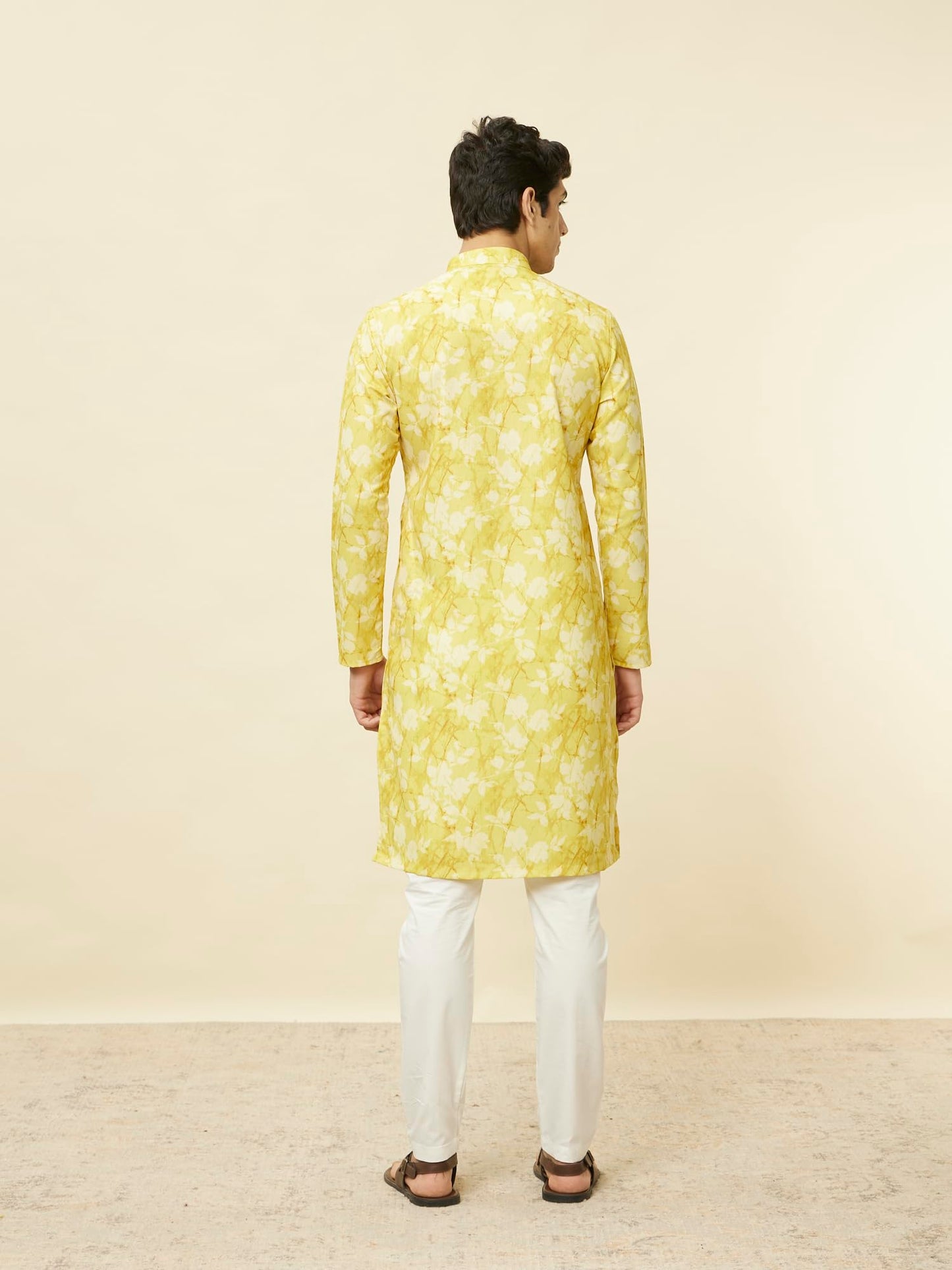 Manyavar Men's Corn Yellow Floral Printed Kurta (M)