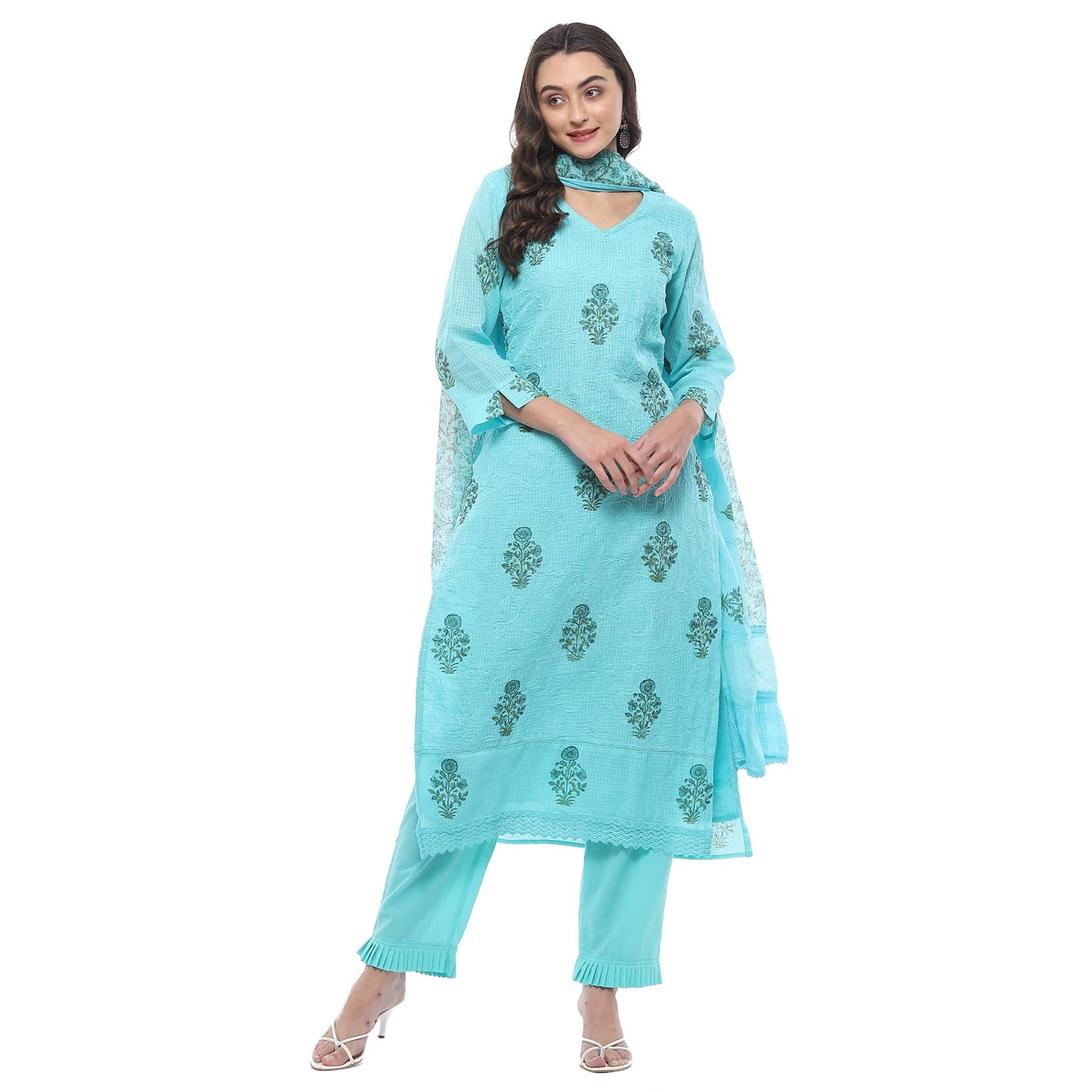 Biba WOMEN PRINTED STRAIGHT SALWAR KURTA DUPATTA(SKDASSORTED7518_TURQUOISE_38)
