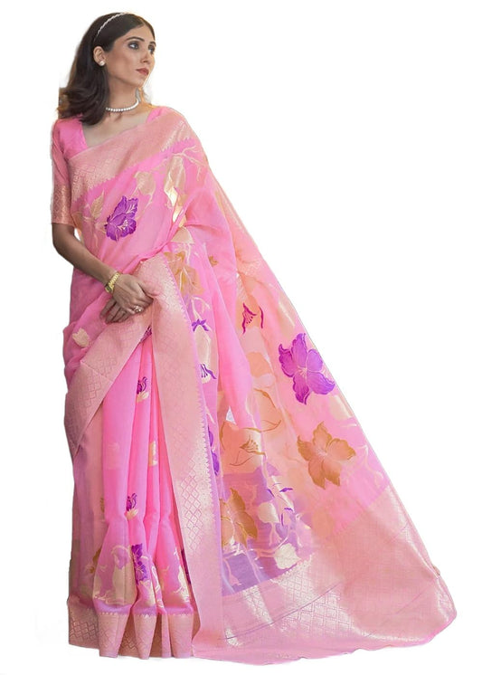 SWORNOF Womens Kanjivaram Banarasi Silk Saree Patola saree with Unstitched blouse piece (BABY PINK)