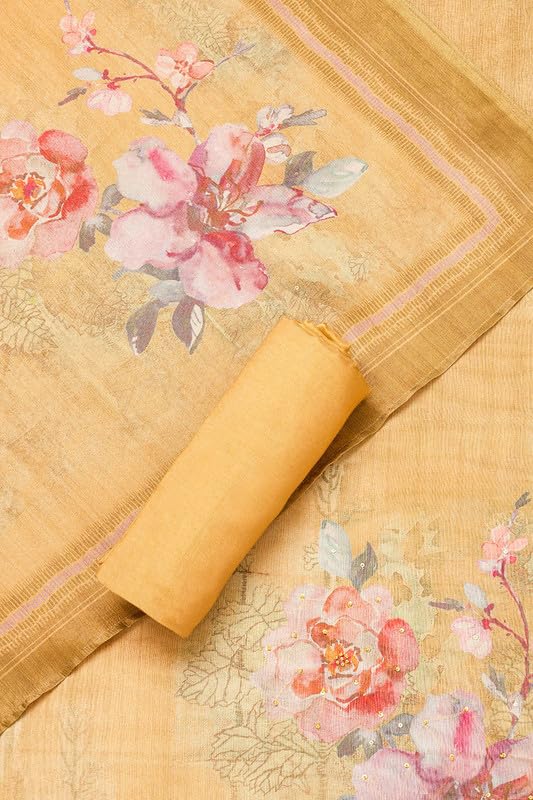 Soch Womens Mustard Silk Blend Floral Print Unstitch Dress Material With Sequins Work