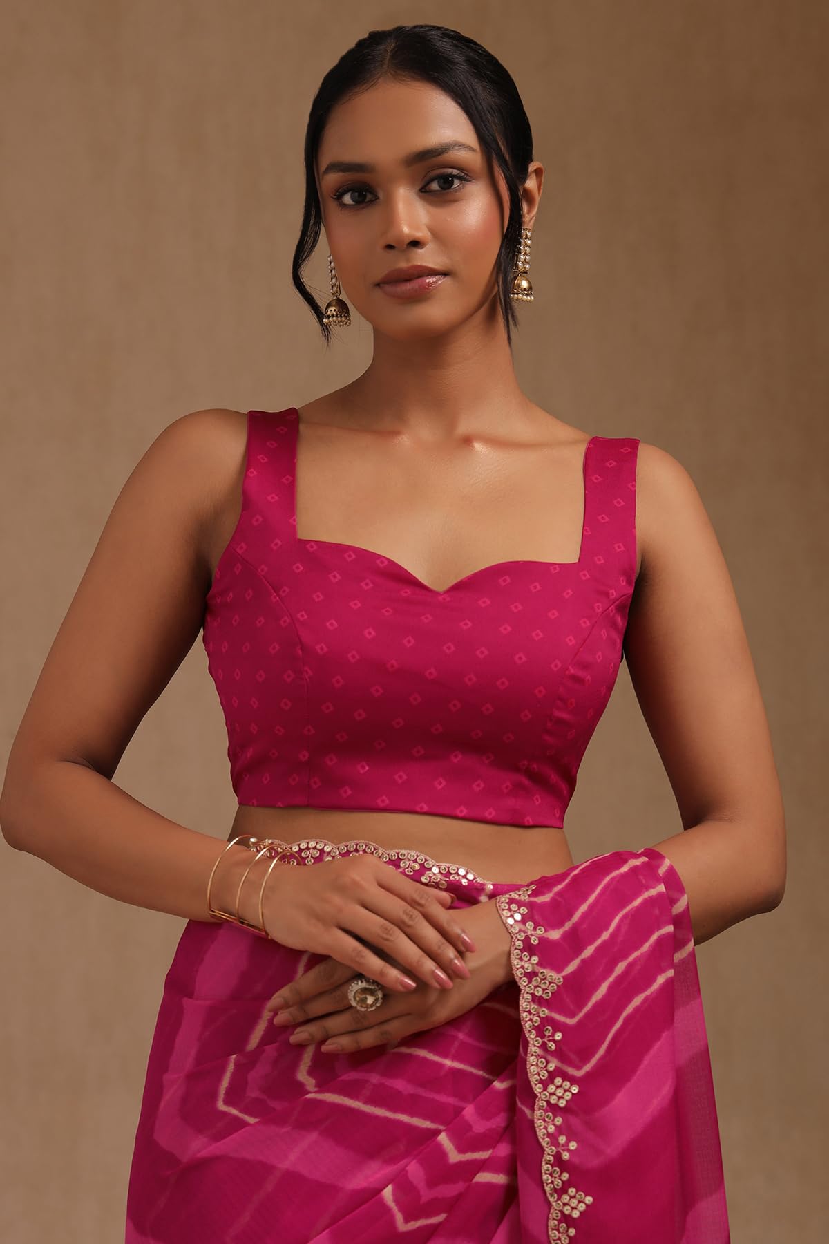 Soch Womens Fuchsia Georgette Leheriya Print Saree With Sequins