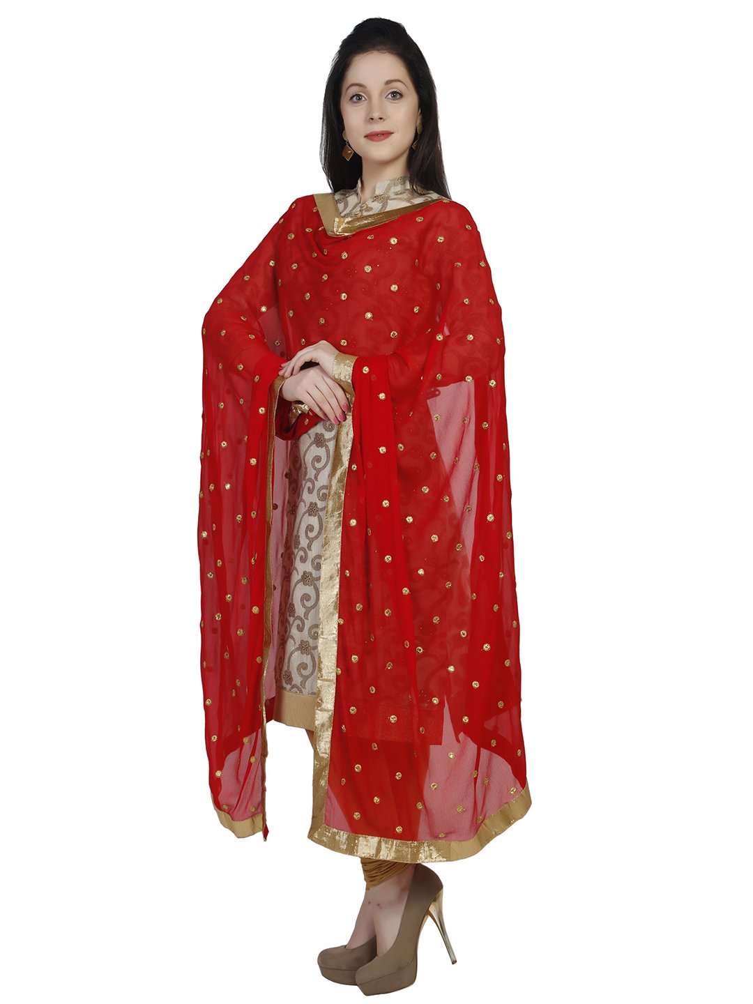 DUPATTA BAZAAR Red Embroidered Chiffon Dupatta/Dulhan Dupatta.