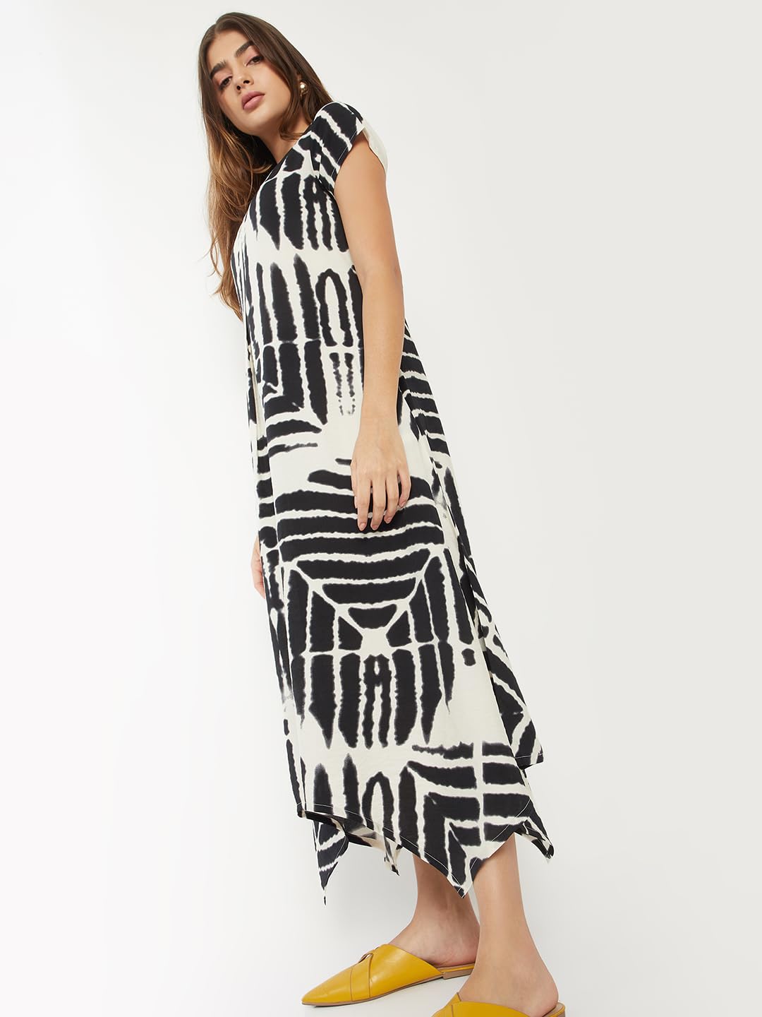 Max Women Printed A-line Dress(White_L)
