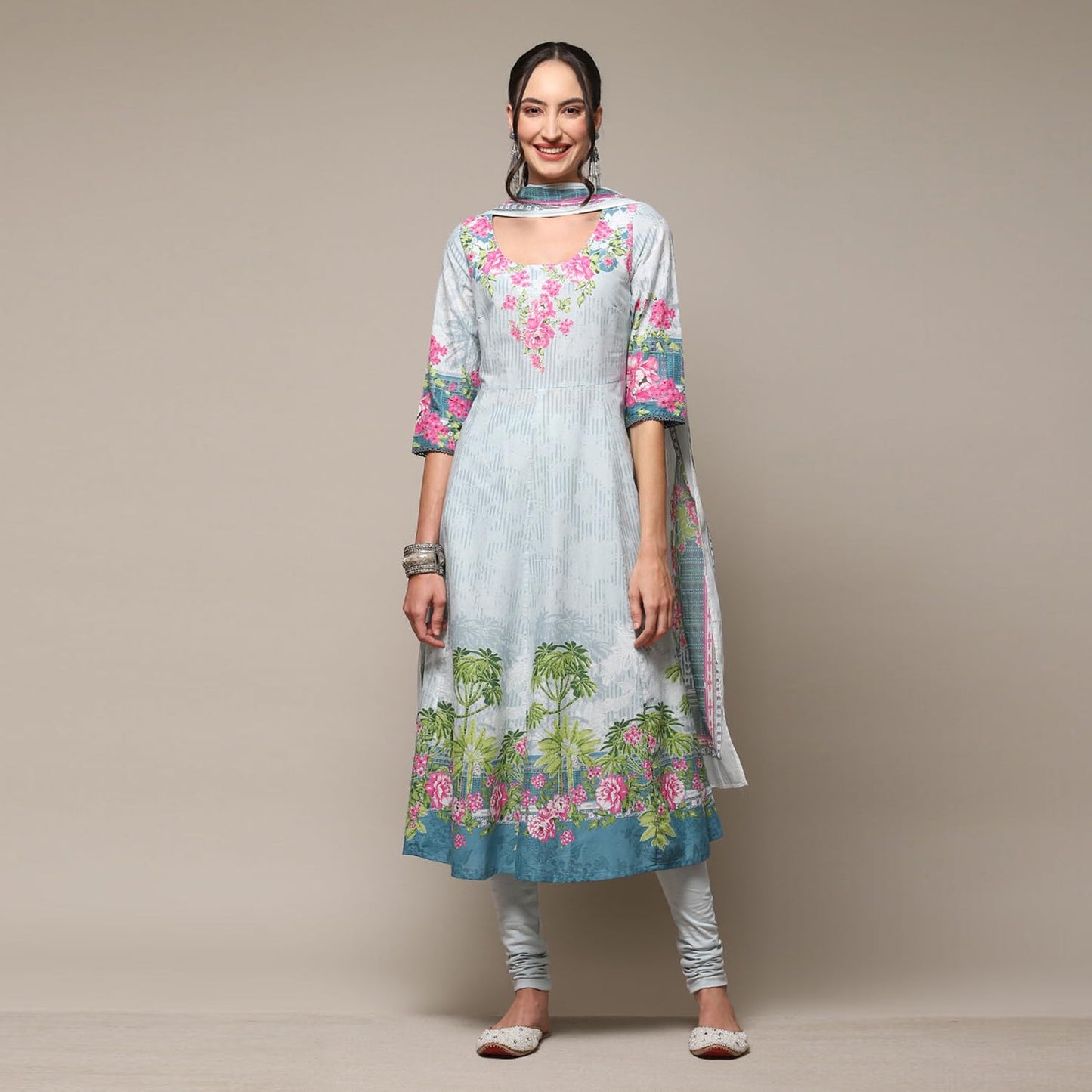 BIBA Women's Powder Blue Cotton Anarkali Kurta Churidar Suit Set_36