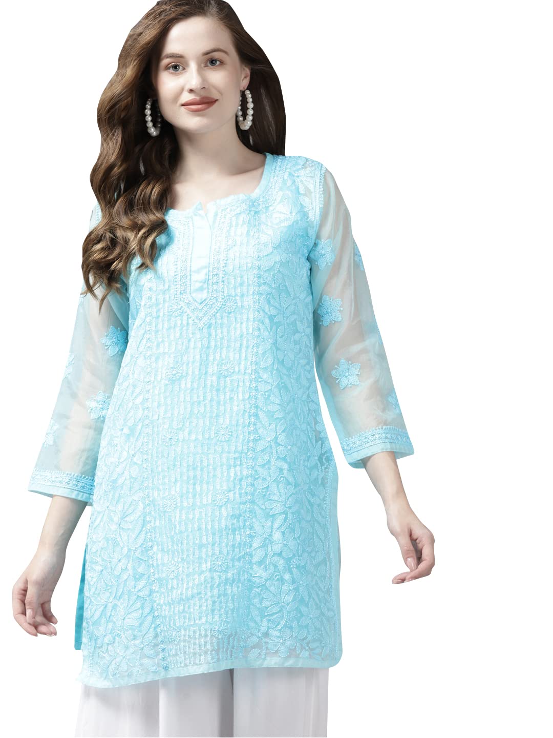 Ada Hand Embroidered Lucknowi Chikankari Women's Organza Kurti Tunic top with Slip A911166 (S, Blue)