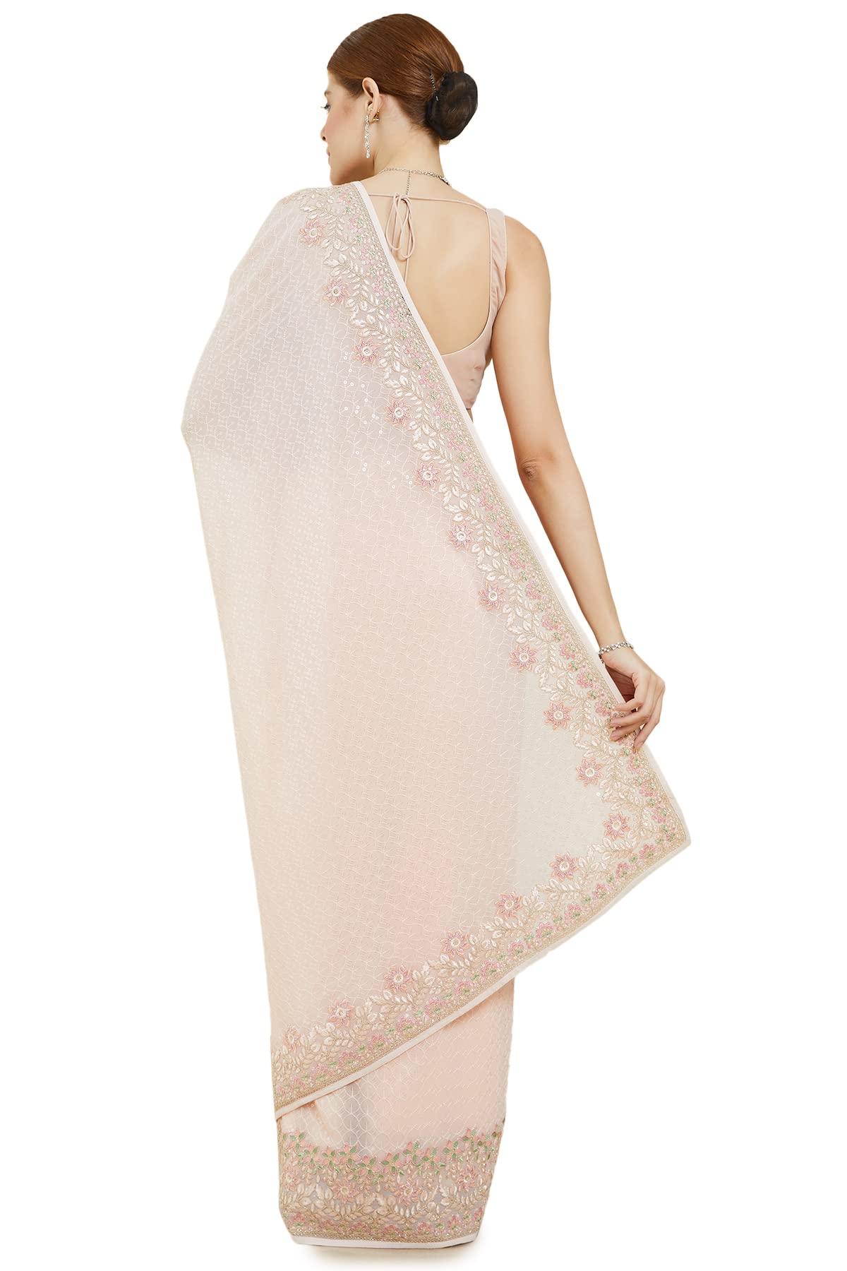 Soch Womens Peach Georgette Saree With Floral Embroidery And Sequins