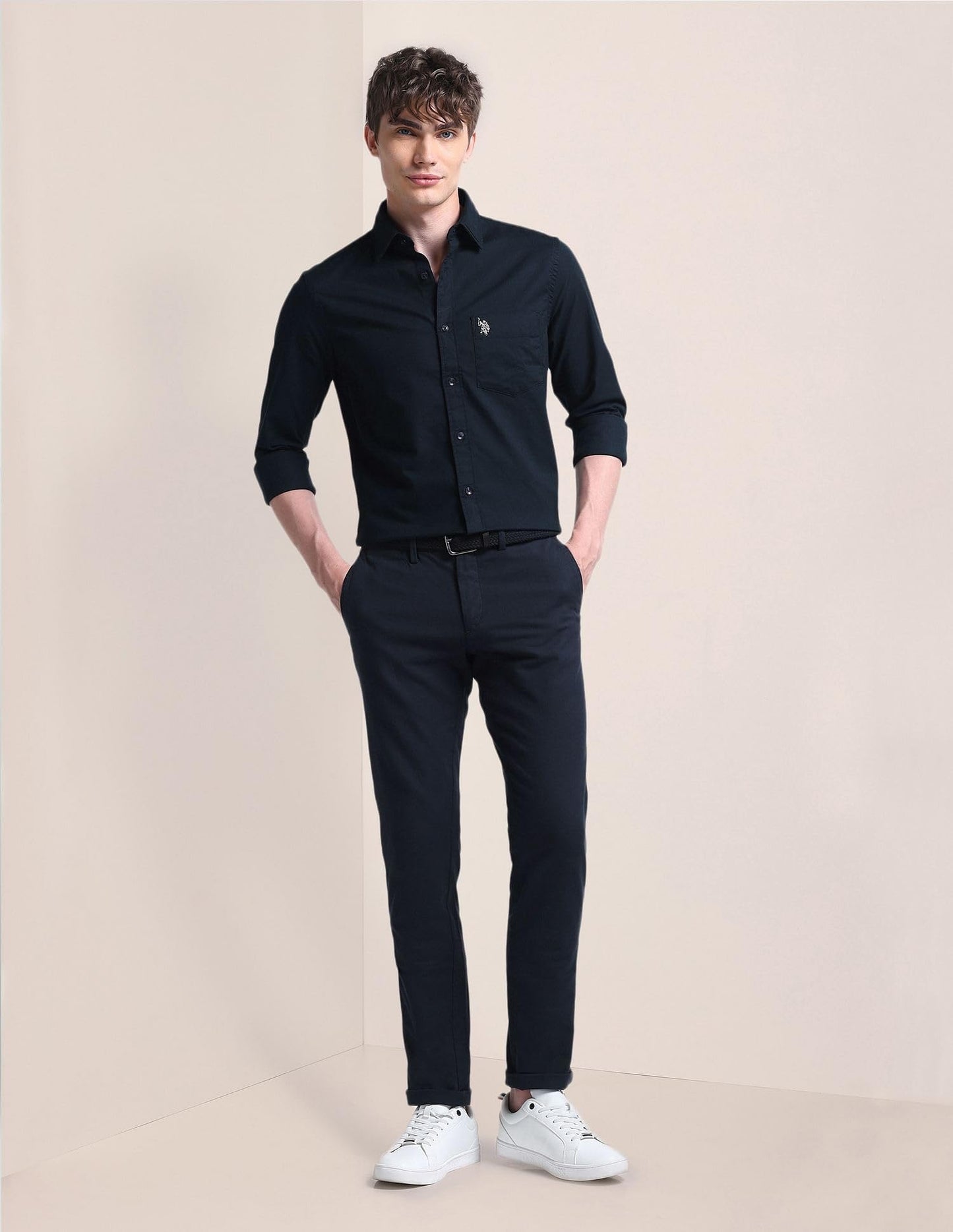 U.S. POLO ASSN. Men's Solid Cotton Dobby Tailored Fit Shirt (USSHTO2709A_Navy_M)