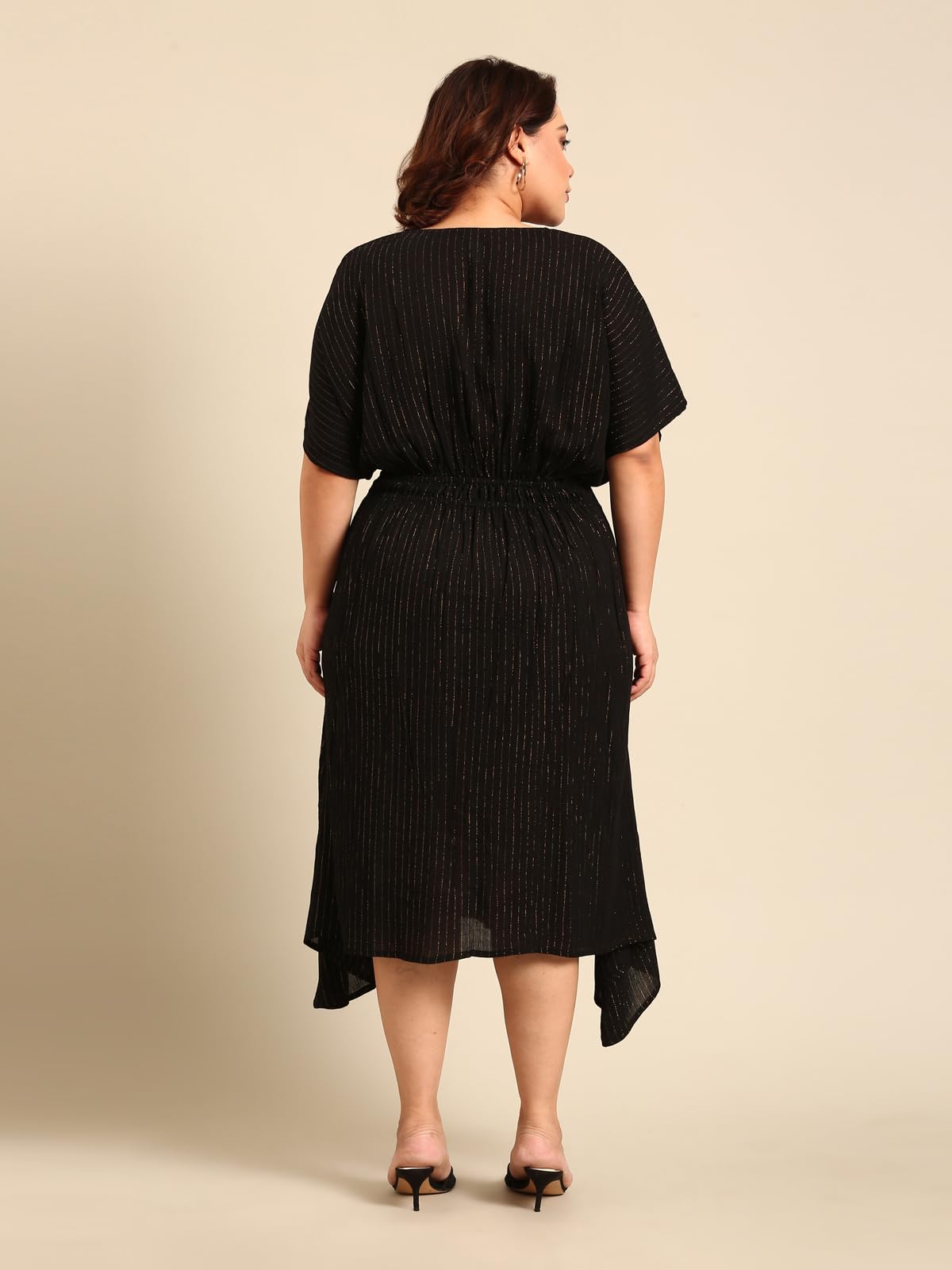 The Pink Moon Women's Maxi Plus Size Black and Gold Lurex Dress with Waist Smocking Dress - (DRS_SMKING_GOLDLX_Black_2XL)