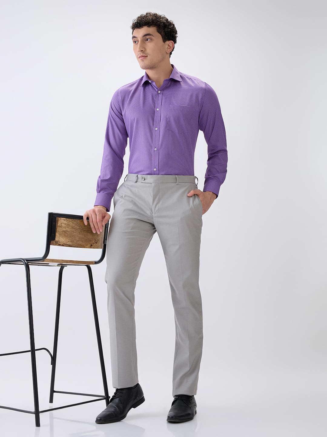 Park Avenue Men Slim Fit Checks Pattern Poly Viscose Blend Flat Front Formal Trouser (Size: 34)-PMTC08072 Light Grey