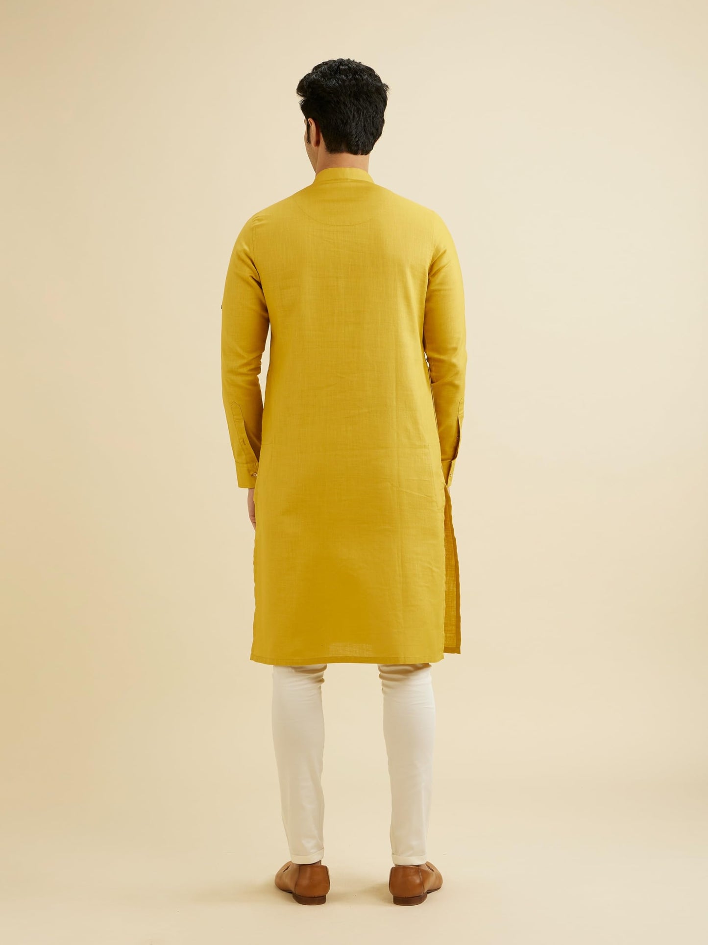 Manyavar Men's Cotton Solid Kurta (Mustard,XXL)
