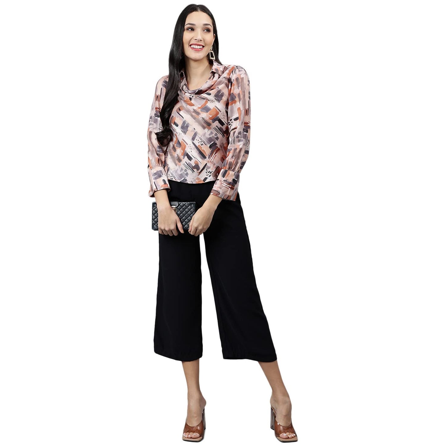 Latin Quarters Women's Brown Full Sleeve Printed Top