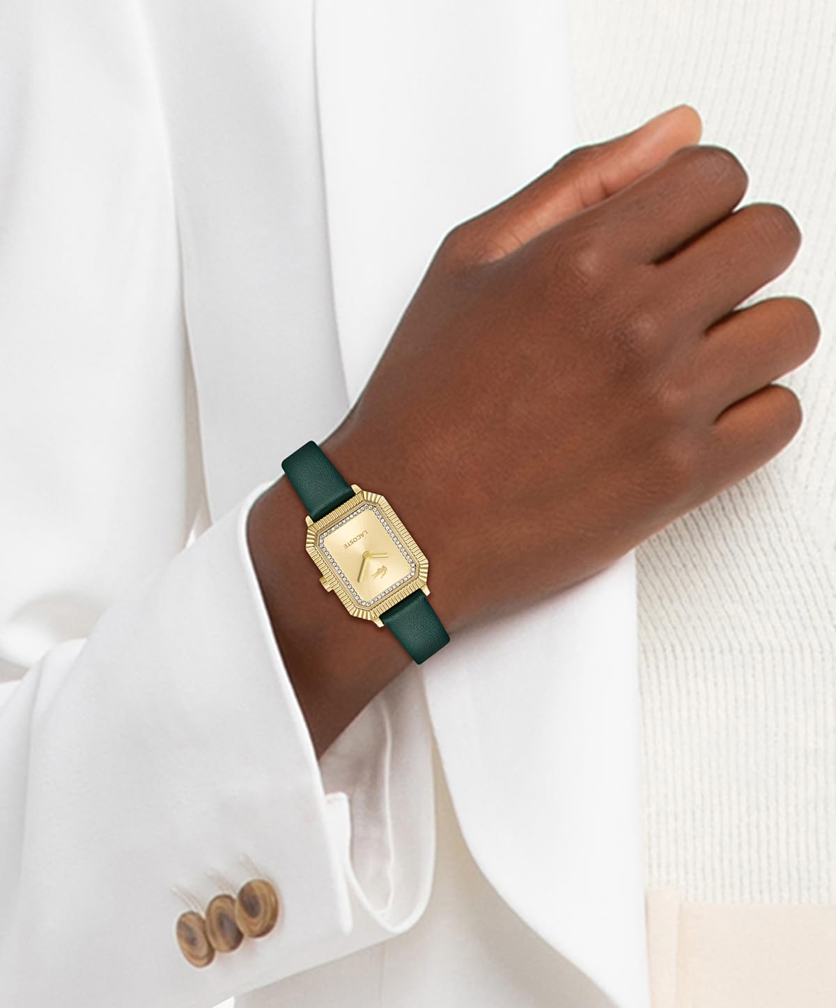 Lacoste Parisienne Qtz Basic Gold Rectangle Dial Women's Watch|Green Leather Material|Green Color Band - 2001442