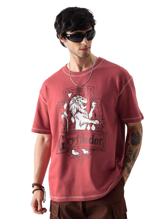 The Souled Store Official Harry Potter: Gryffindor Gang Men and Boys Oversize Fit Half Sleeve Round Neck Mandarin Collar Graphic Printed stylish casualwear 100% Cotton Comfortable Maroon Color T-Shirt