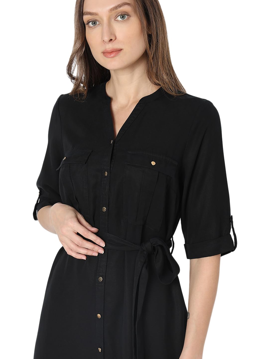 Vero Moda Women's Polyester Blend Classic Below The Knee Dress (10319956-Jet Black_Jet