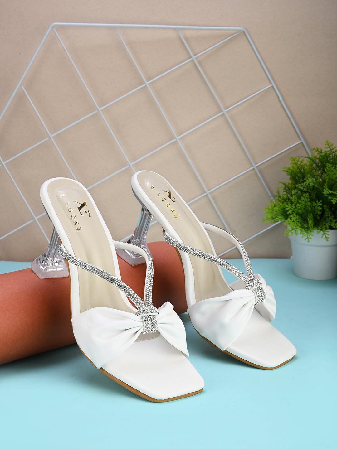 XE Looks Women's White Elegant Knot Bow Slip-On Sandals | Crystal Embellished Straps with Clear Heels | Rhinestone Strap With Transparent Block Heels For Girls & Women