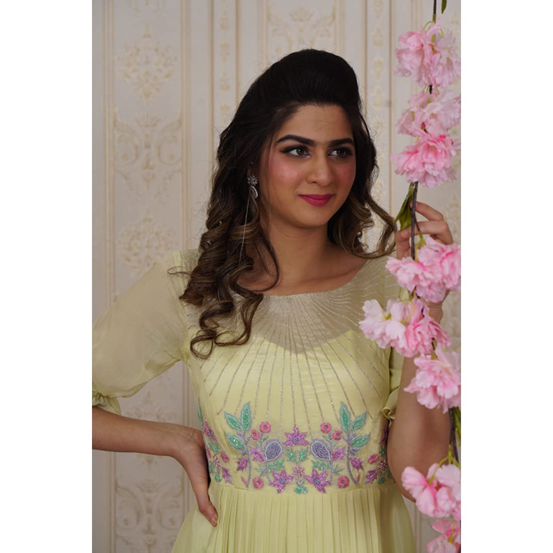 Avy's Label Chiffon Long Frock Lemon Yellow Maggam Work (Lemon Yellow, 36)