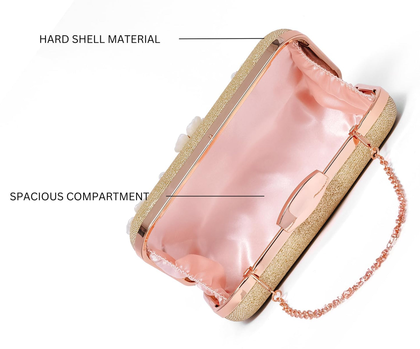 INOVERA (LABEL) Women's Glitter Floral Rhinestone Beaded Evening Party Clutch Wedding Bag Wallet (Rose Gold)
