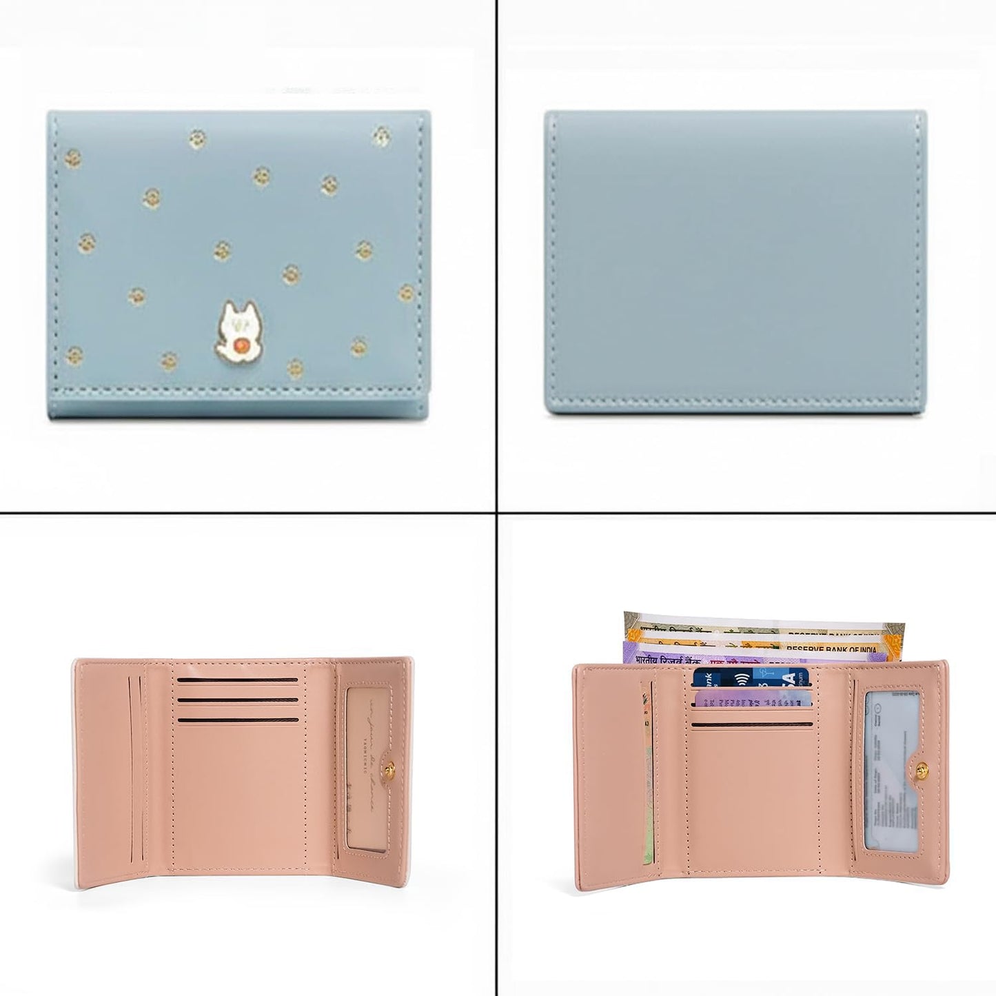 INOVERA (LABEL) Cute Small Wallet for Womens & Girls - Stylish Faux Leather Tri-Fold Cash, Card Holder Hand Purse (Light Blue)