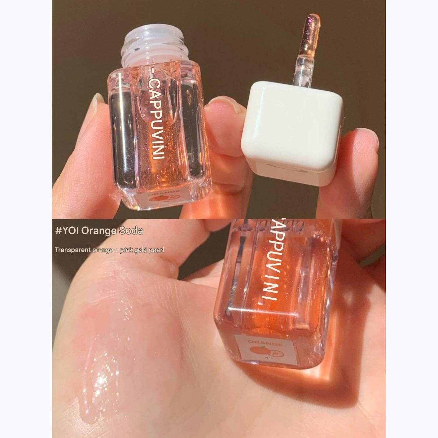 CAPPUVINI Glossy Jelly Lip Oil | Nude Dream Baby Pink to Red Wine Shades Lipsticks | Glossy Finish Lips Glaze | Waterproof Long Stay Non-Sticky Moisturizing Formula | Cute Adorable Packaging | Adorable Lip Tint for Girls & Teens (01# Orange Soda, 3g)