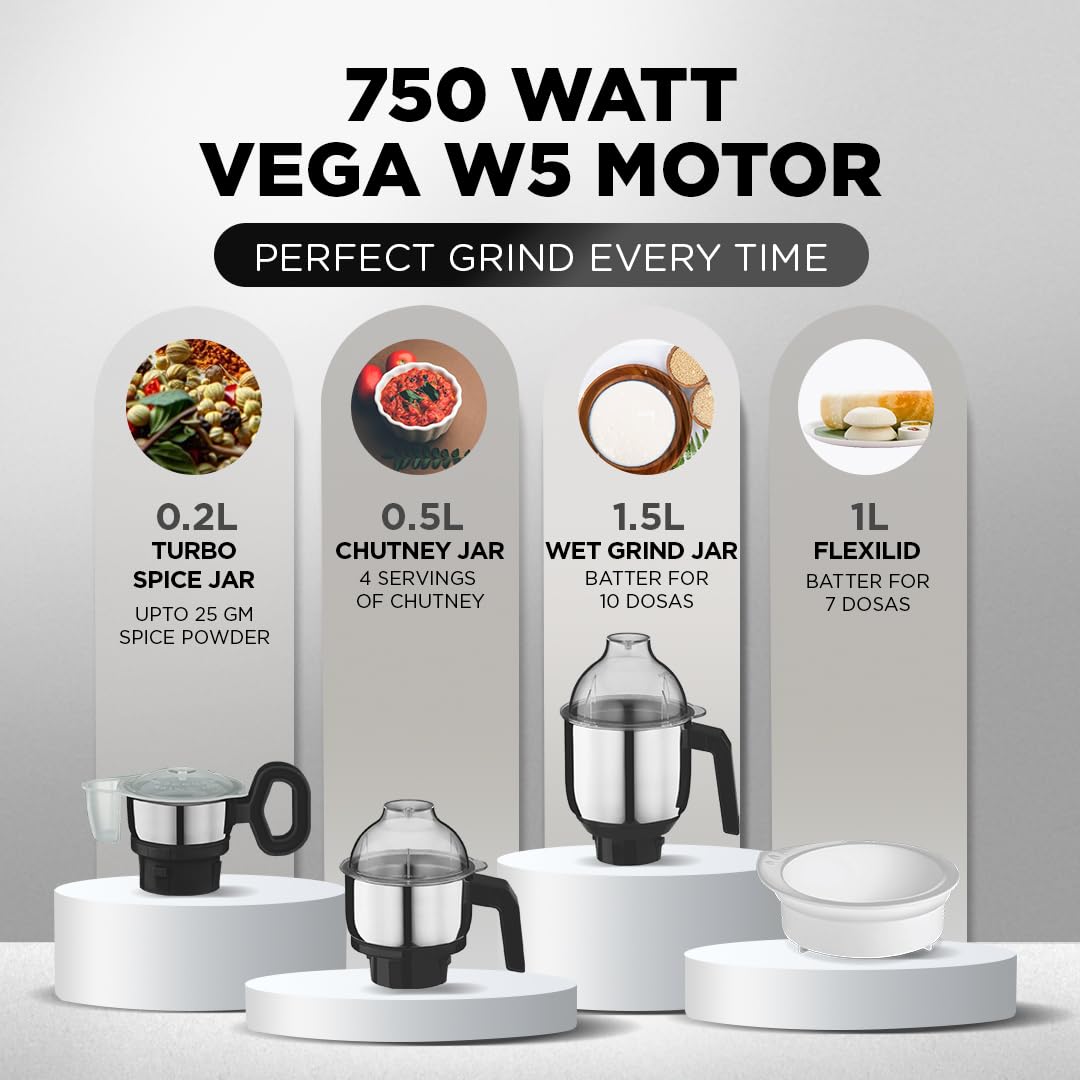 Preethi Zion Mixer Grinder for Kitchen - 4 Jars 750 Watt Mixie (3 Stainless steel Jars+1 Master Chef Plus Food processor Jar), Flexi lids, Vega W5 motor, Black (MG-227)