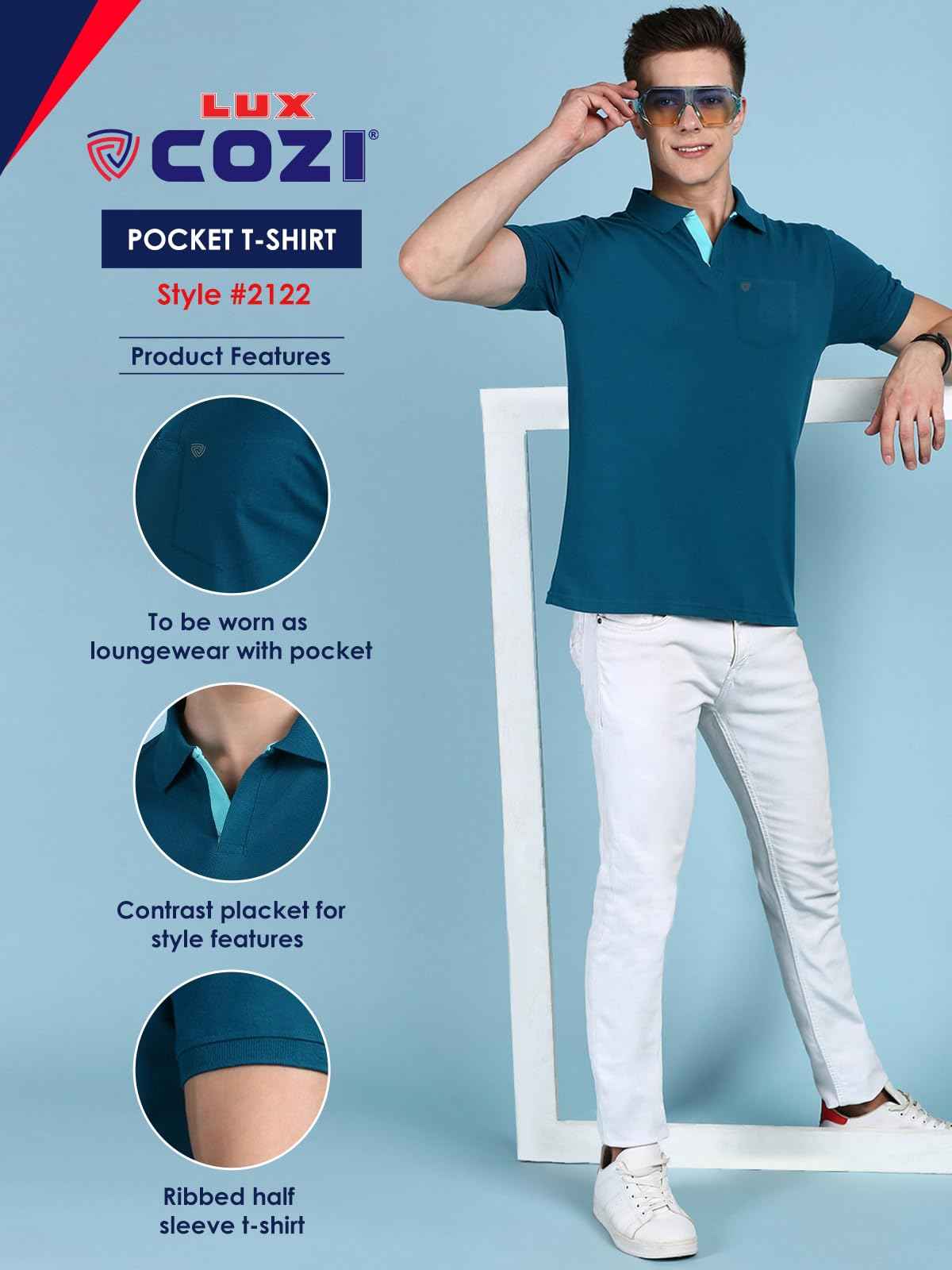 Lux Cozi Men's Half Sleeve Soild Casual T-Shirt with Chest Pocket_COZI_2122_EMRAD_L_1PC Emerald