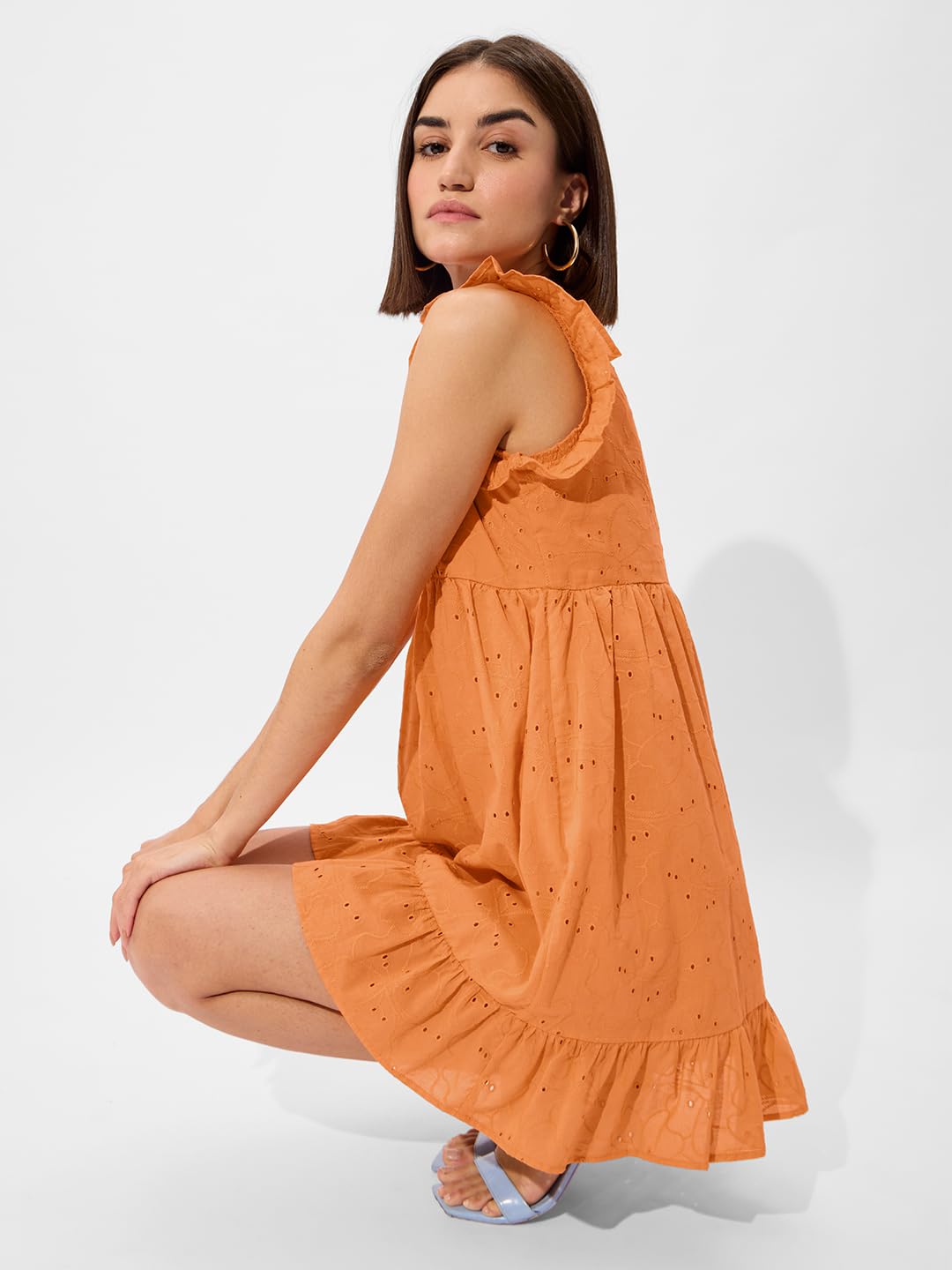 The Souled Store Cutwork Dress: Orange Women and Girls Long Sleeves V Neck Oversized Dresses