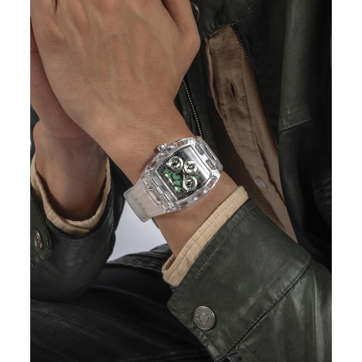 GUESS Phoenix Analog Watch Gw0499G8 Silicone Men Analog Watch, Green Dial, Silver Band